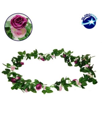 GloboStar® 09010 Τεχνητό Κρεμαστό Φυτό Διακοσμητική Γιρλάντα Μήκους 2.2 μέτρων με 32 X Μικρά Τριαντάφυλλα Μωβ